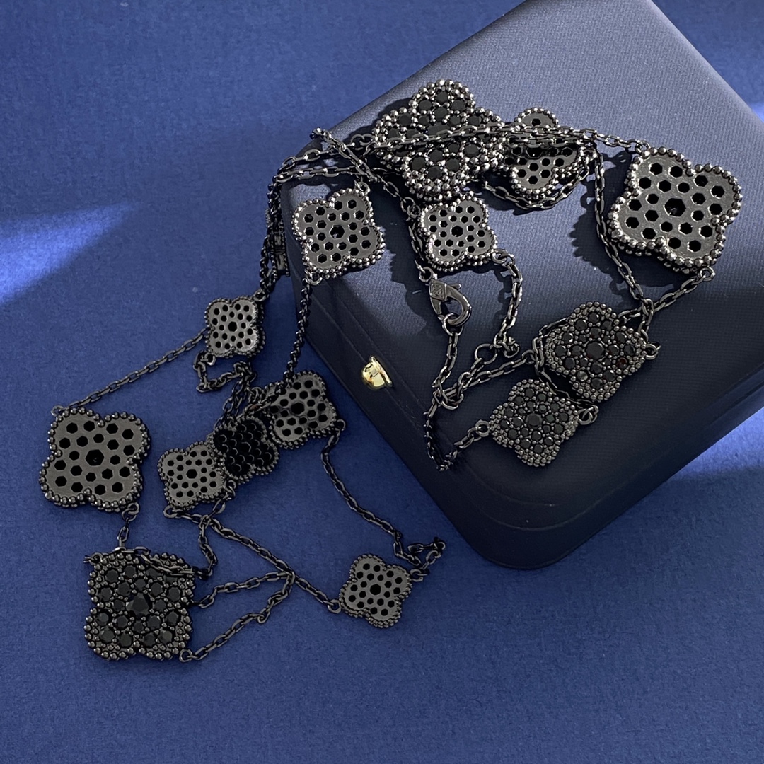 VCN034 Black Magic Alhambra long necklace with stone, 16 motifs - ccfashionjewelry