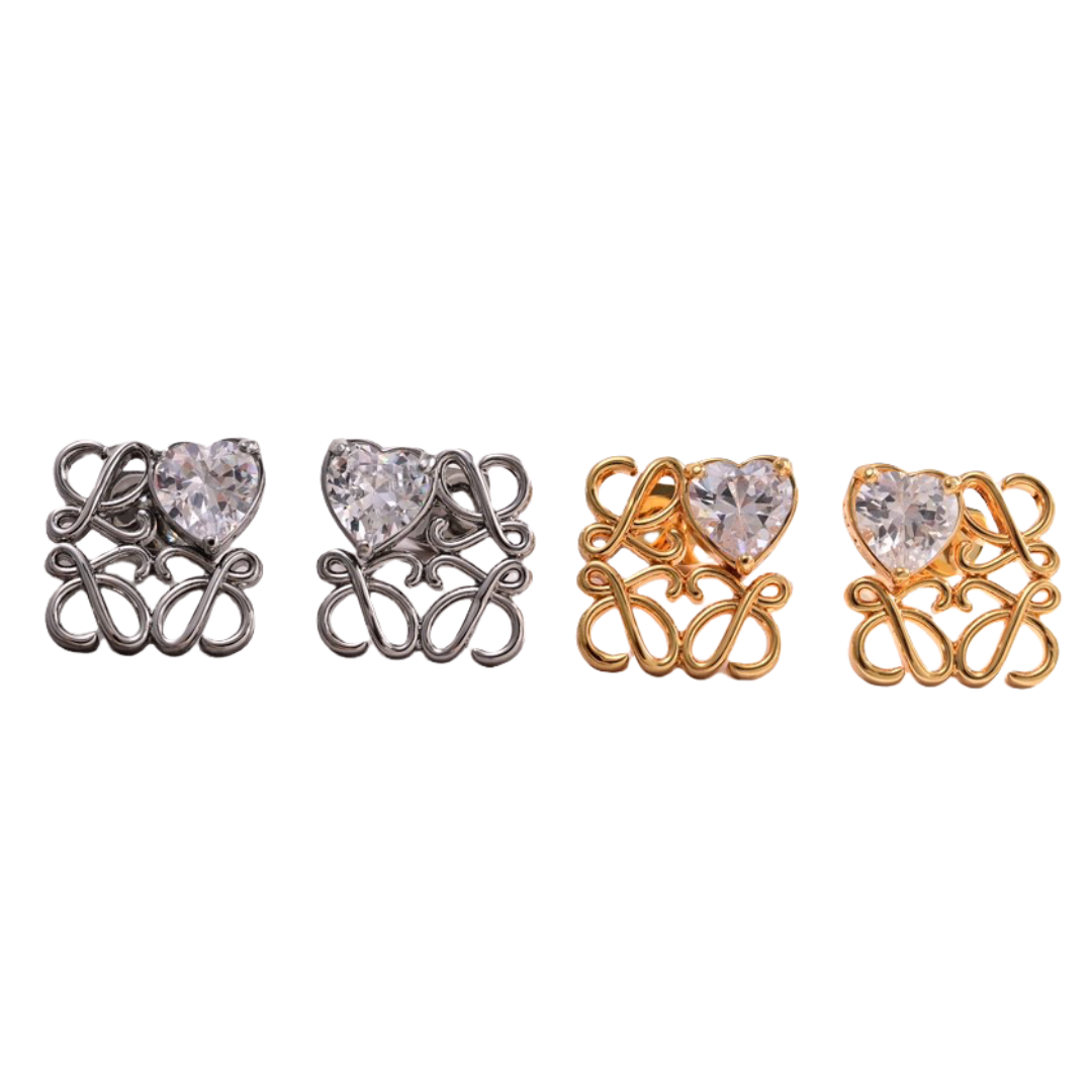 LWE020 Loewi Anagram Pebble with heart rhinestone stud earring - ccjewelryacc
