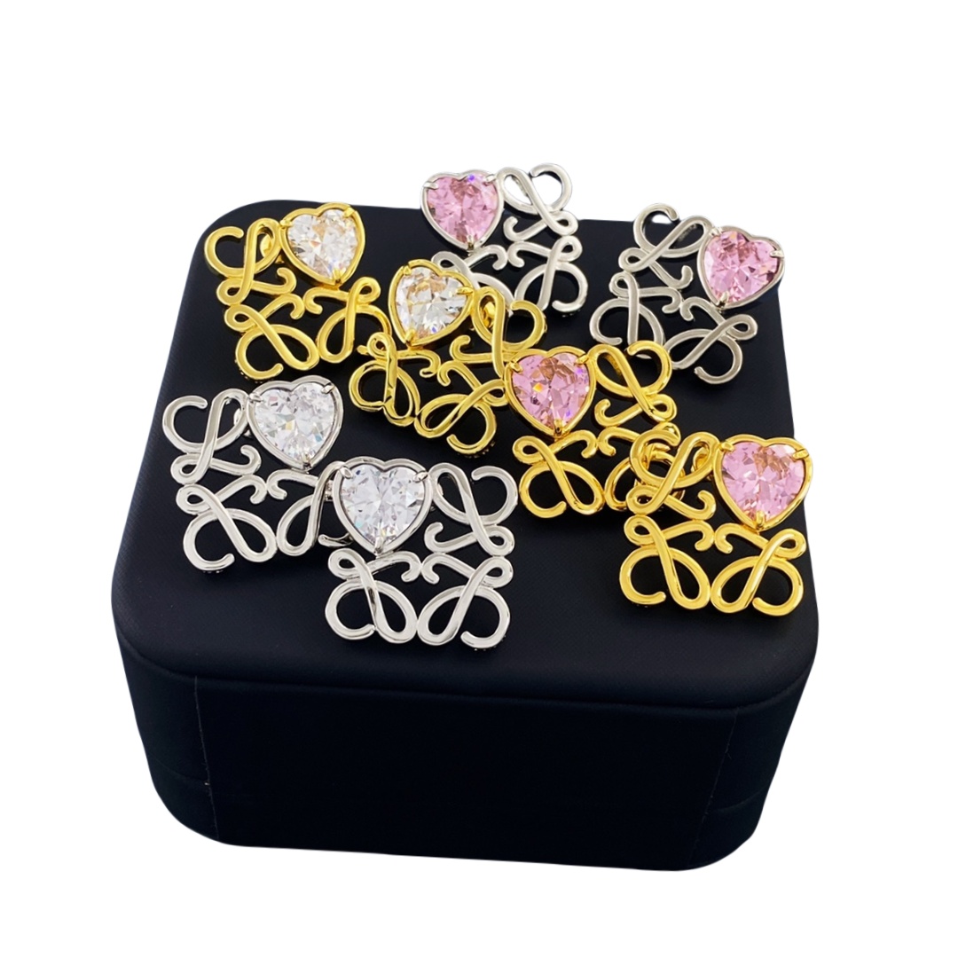 LWE020 Loewi Anagram Pebble with heart rhinestone stud earring - ccjewelryacc