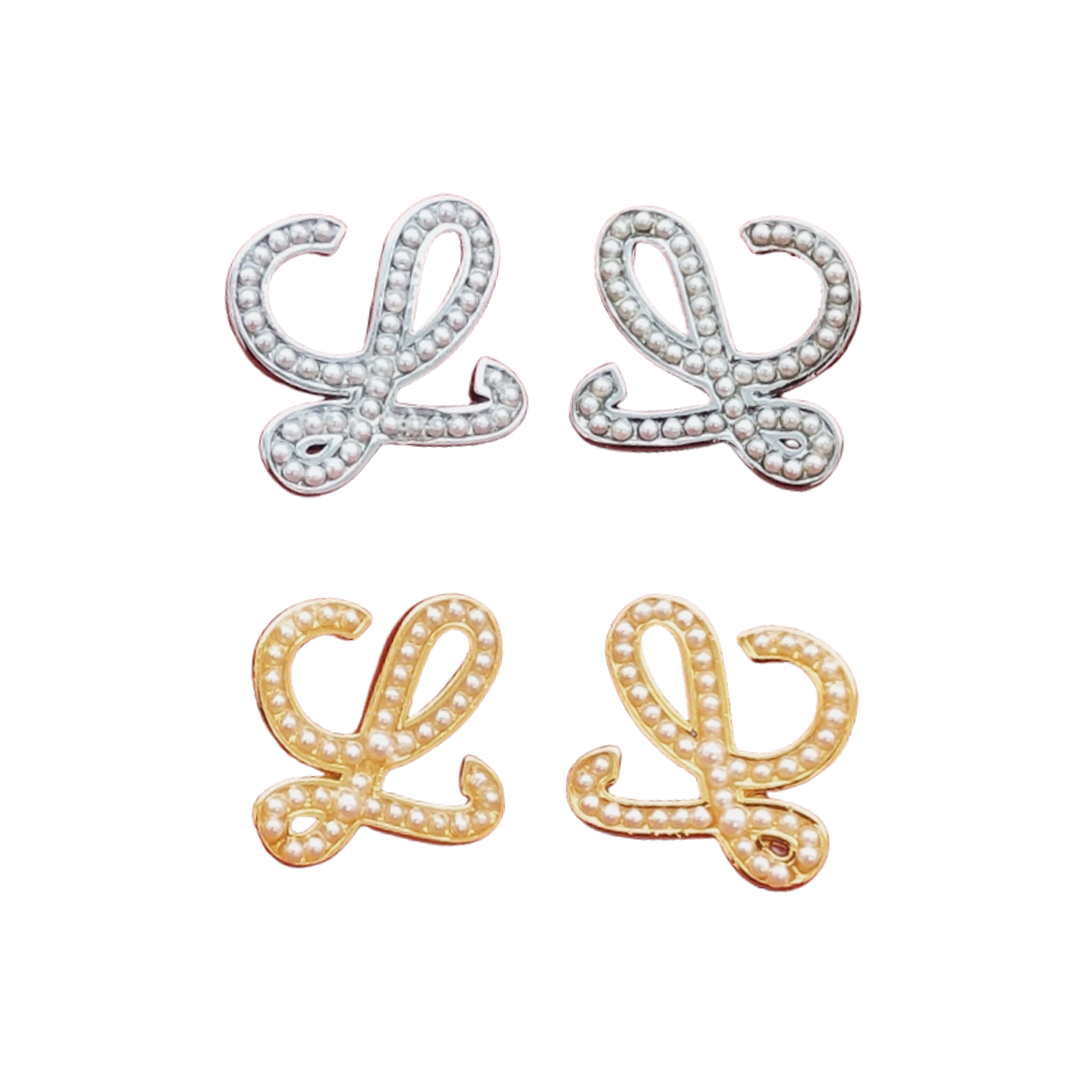 LWE007 Loewi Pearl Embellished L letter Stud Earrings In Metal - ccjewelryacc