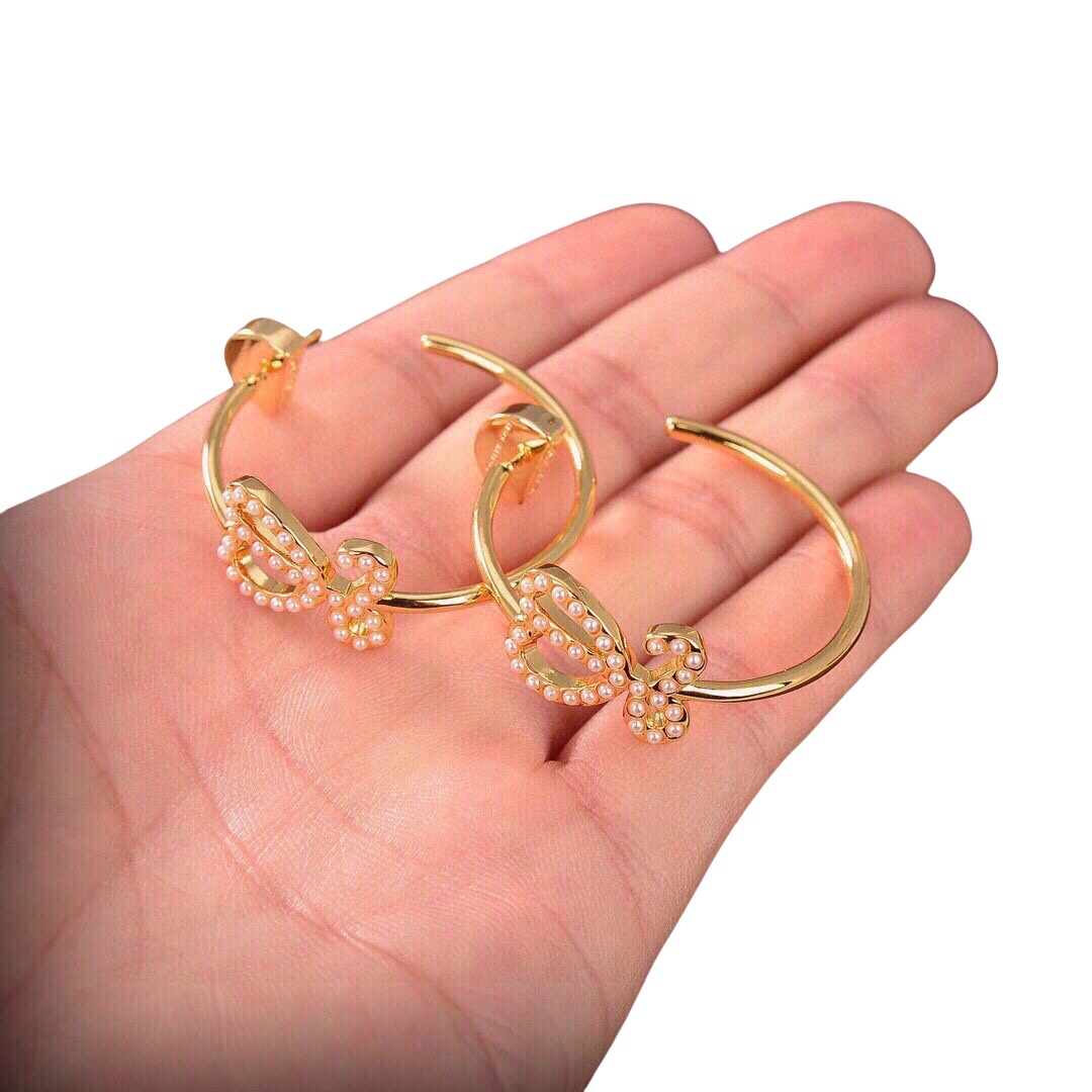 LWE005 Loewe Logo L Hoop Earrings Metal with Pearl - ccjewelryacc