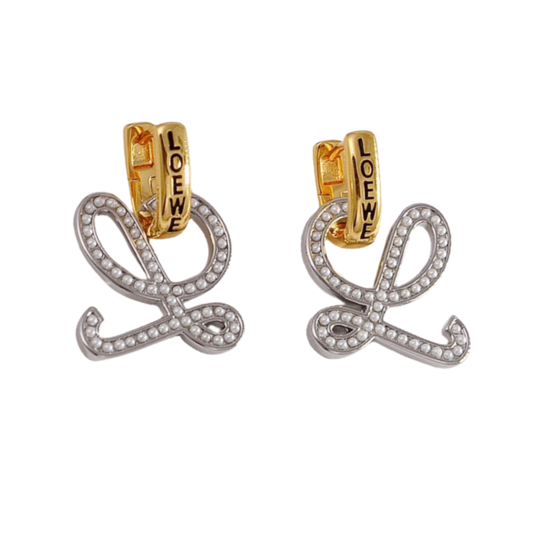 LWE042P Loewi Anagram drop earring in metal and pearl - ccjewelryacc