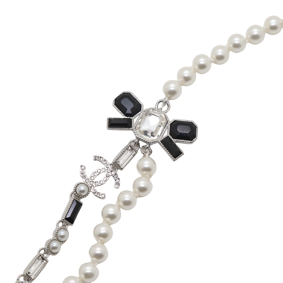 CCN004 23K Black and white diamond panda style double chain pearl bow cc choker necklace - ccjewelryacc