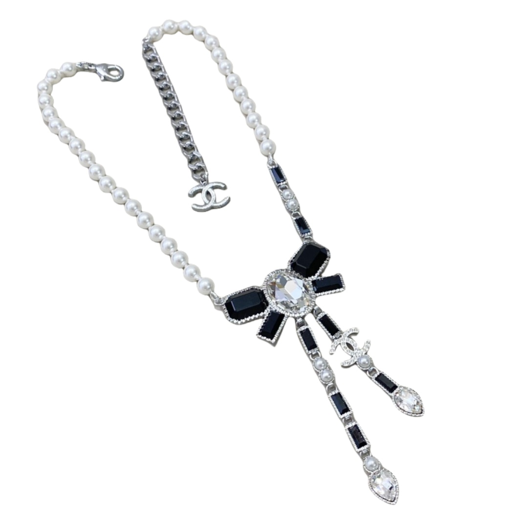 CCN002 CC 23K Black stone bow tassels pendant sparkling Necklace - ccfashionjewelry