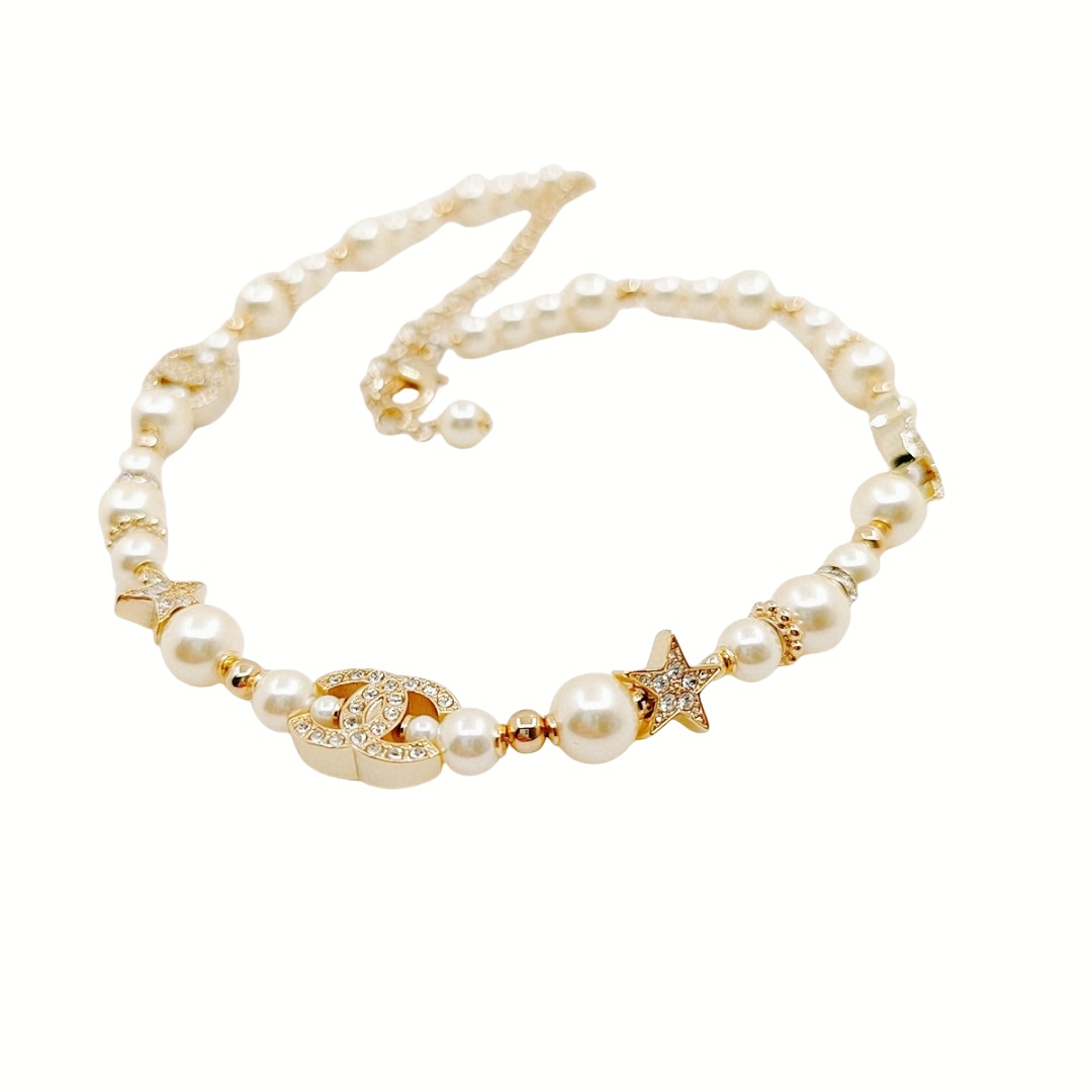 CCN005 23S Pearls Pentastar charms CC logo choker Necklace - ccjewelryacc