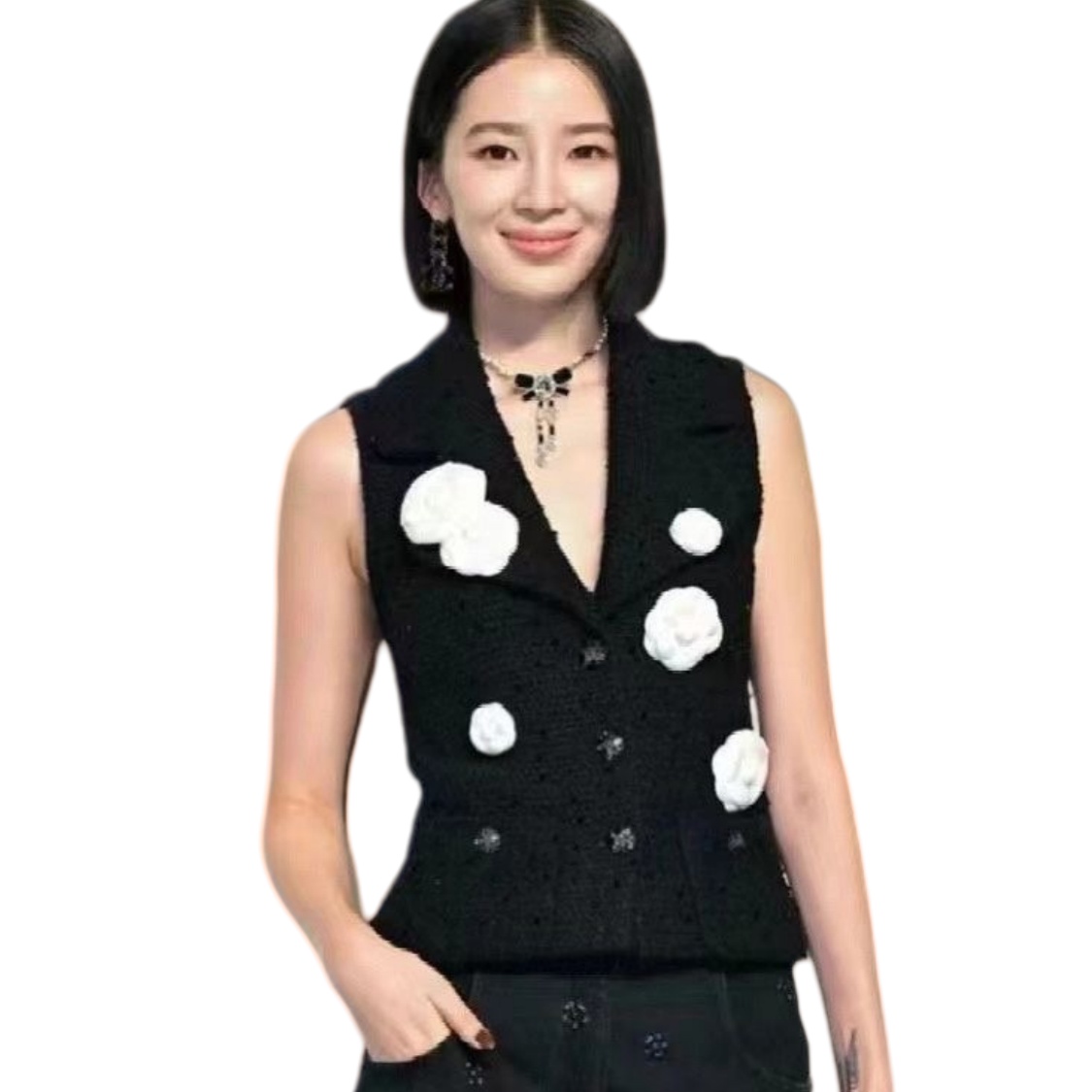 CCN002 CC 23K Black stone bow tassels pendant sparkling Necklace - ccjewelryacc