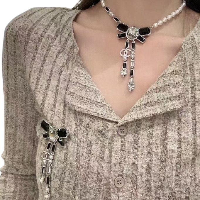 CCN002 CC 23K Black stone bow tassels pendant sparkling Necklace - ccjewelryacc