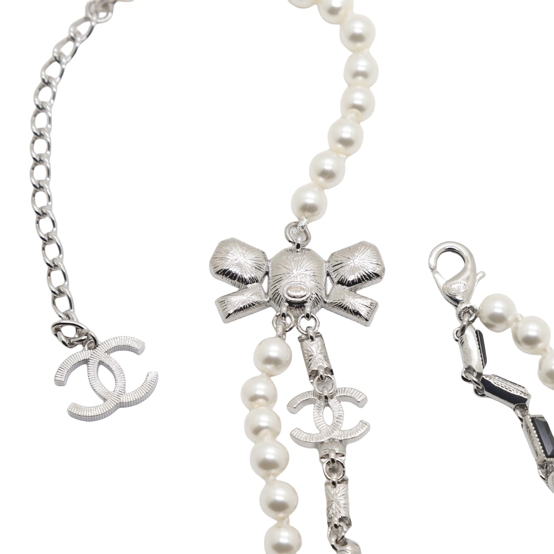 CCN004 23K Black and white diamond panda style double chain pearl bow cc choker necklace - ccjewelryacc