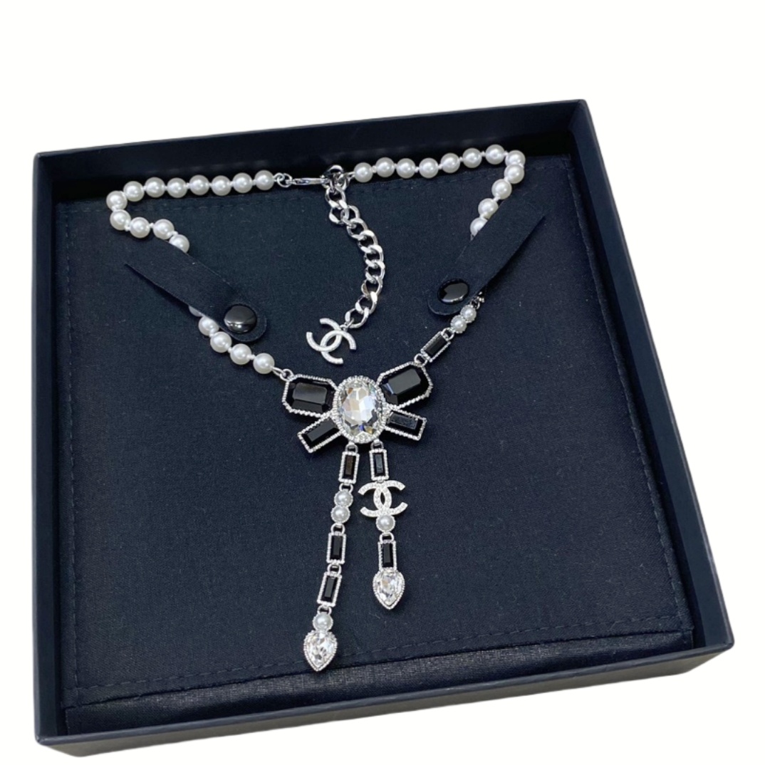 CCN002 CC 23K Black stone bow tassels pendant sparkling Necklace - ccjewelryacc