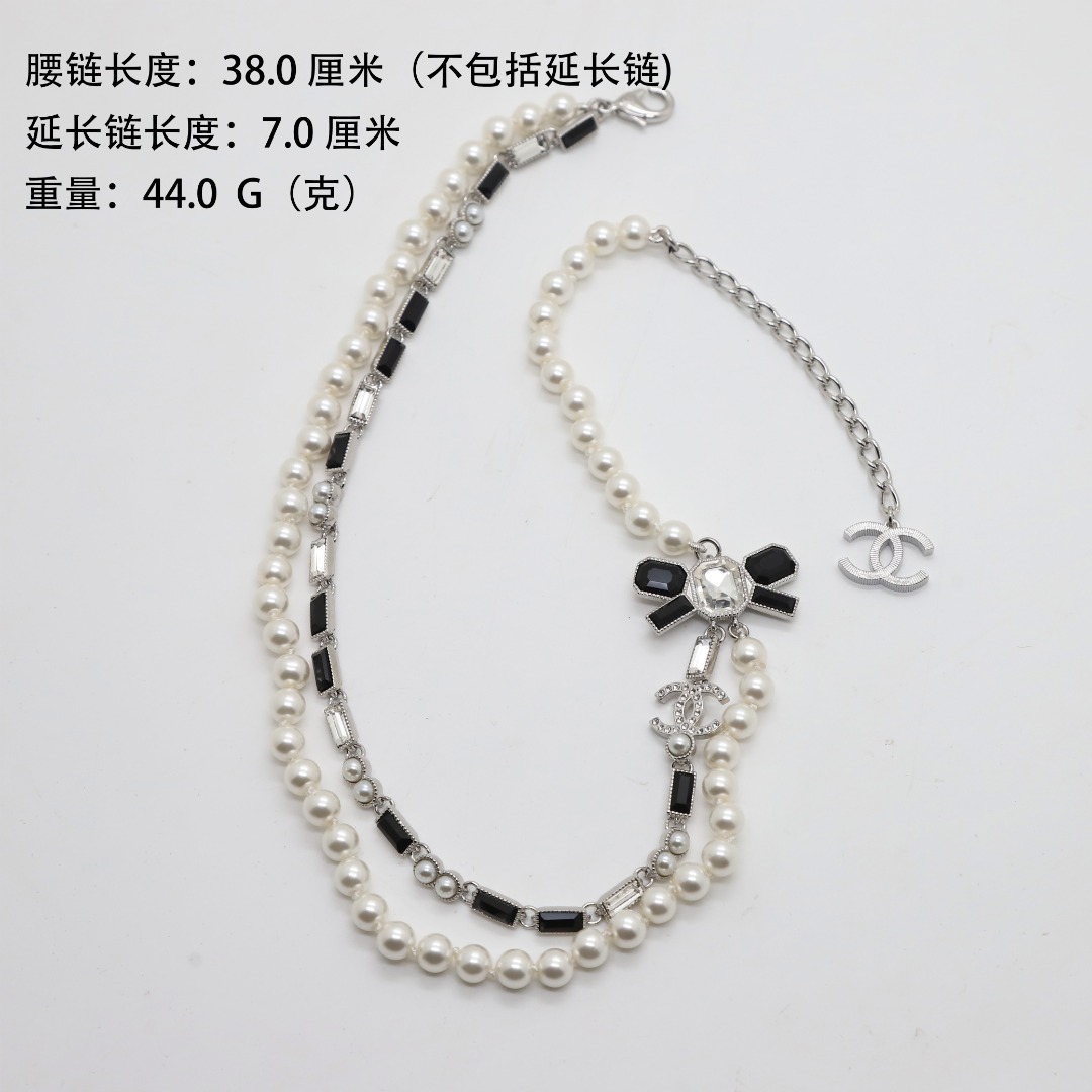 CCN004 23K Black and white diamond panda style double chain pearl bow cc choker necklace - ccjewelryacc