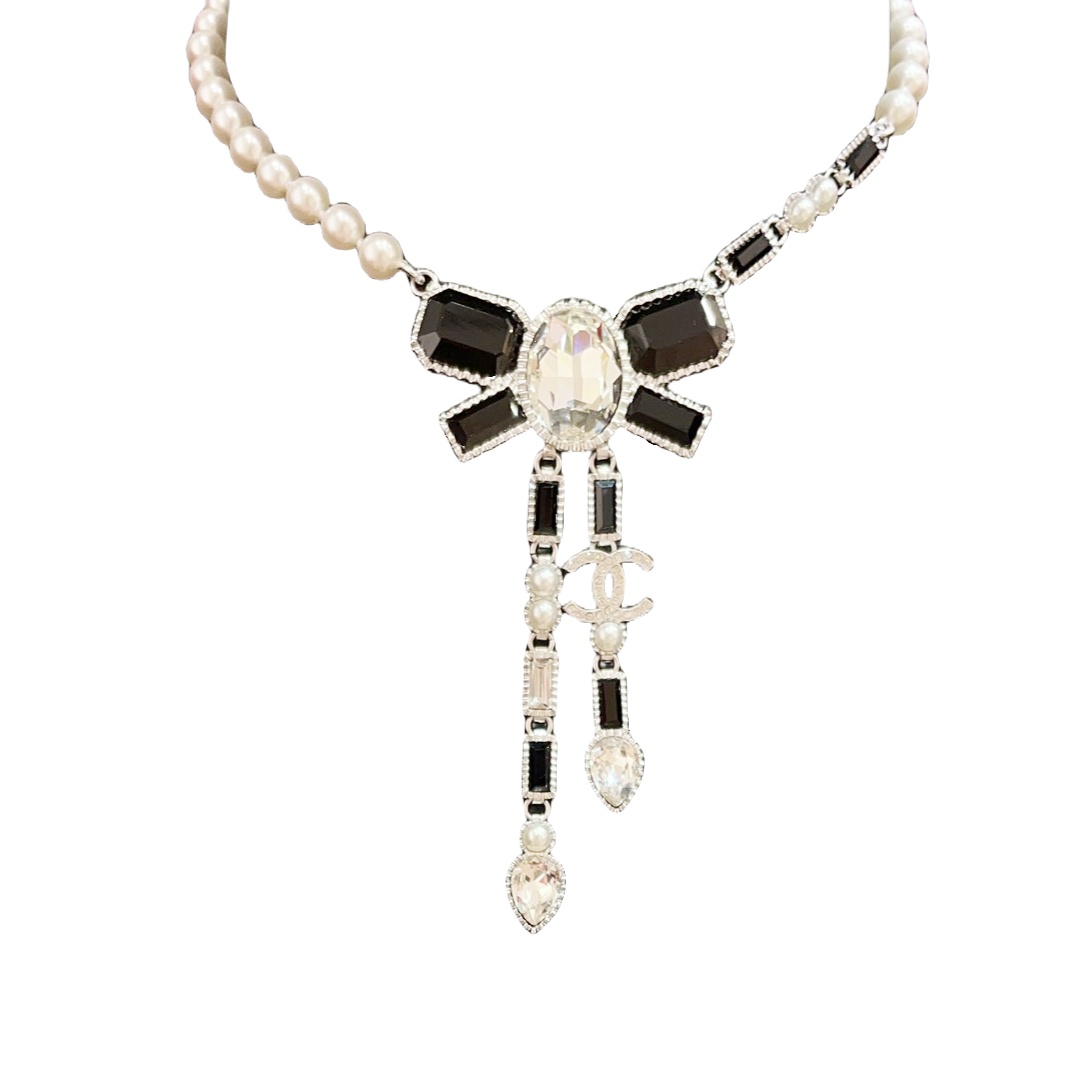 CCN002 CC 23K Black stone bow tassels pendant sparkling Necklace - ccfashionjewelry