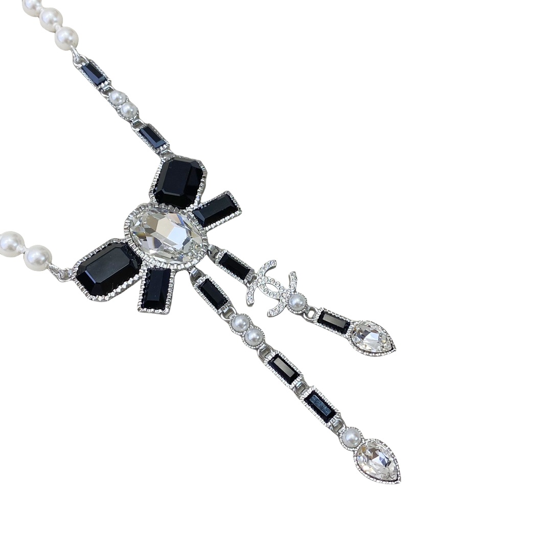 CCN002 CC 23K Black stone bow tassels pendant sparkling Necklace - ccjewelryacc