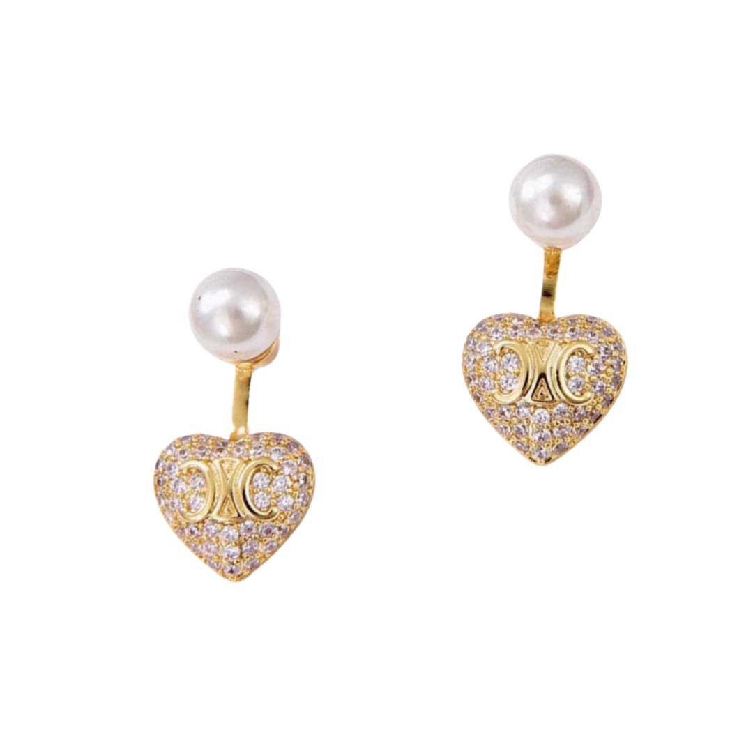 CLE010 Triomphe full crystal heart and pearl stud earring - ccfashionjewelry