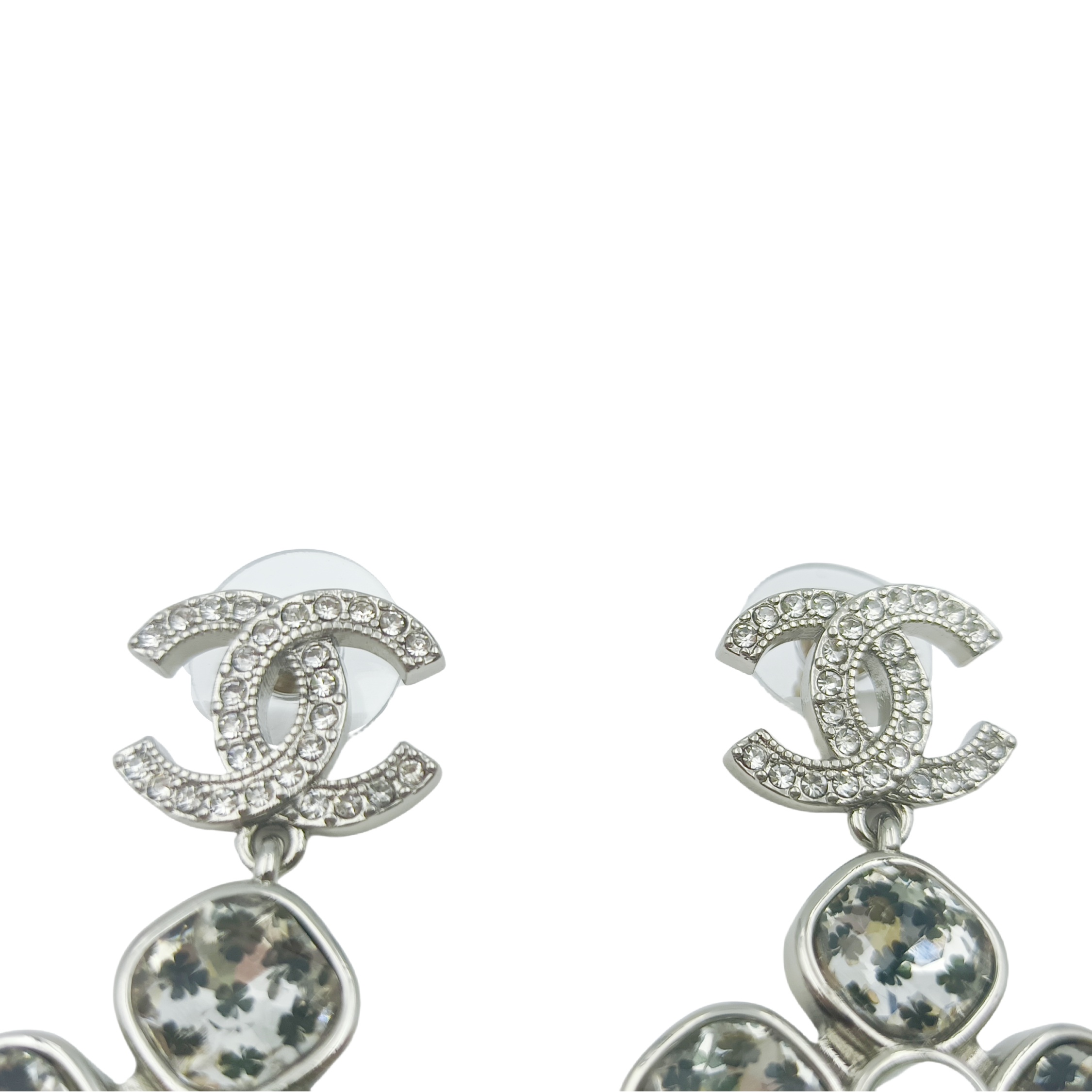 CCE638 Acrylic four leaf clover with crystal cc logo drop earring - ccjewelryacc