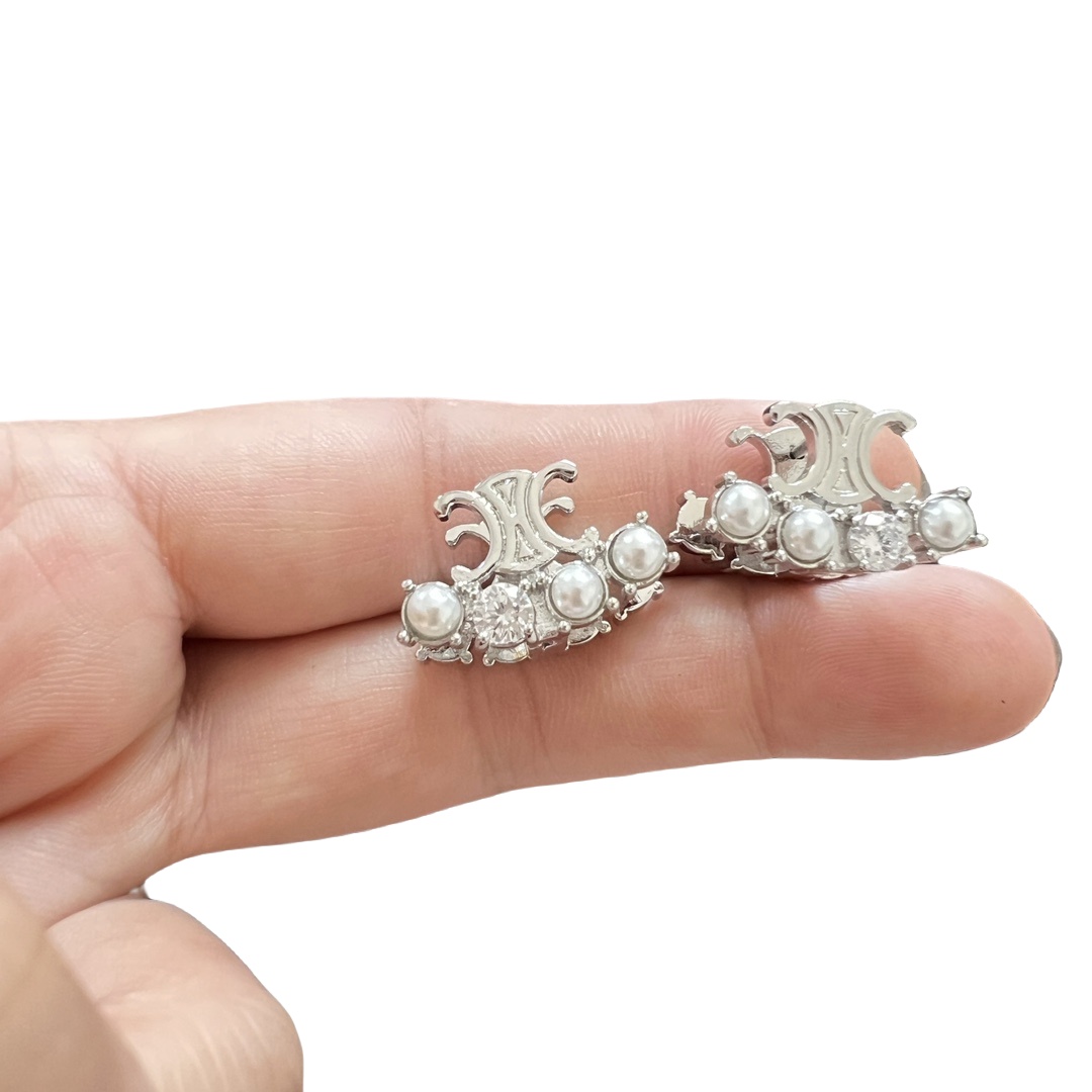 CLE018 Triomphe stud earring in metal crystal pearl - ccjewelryacc