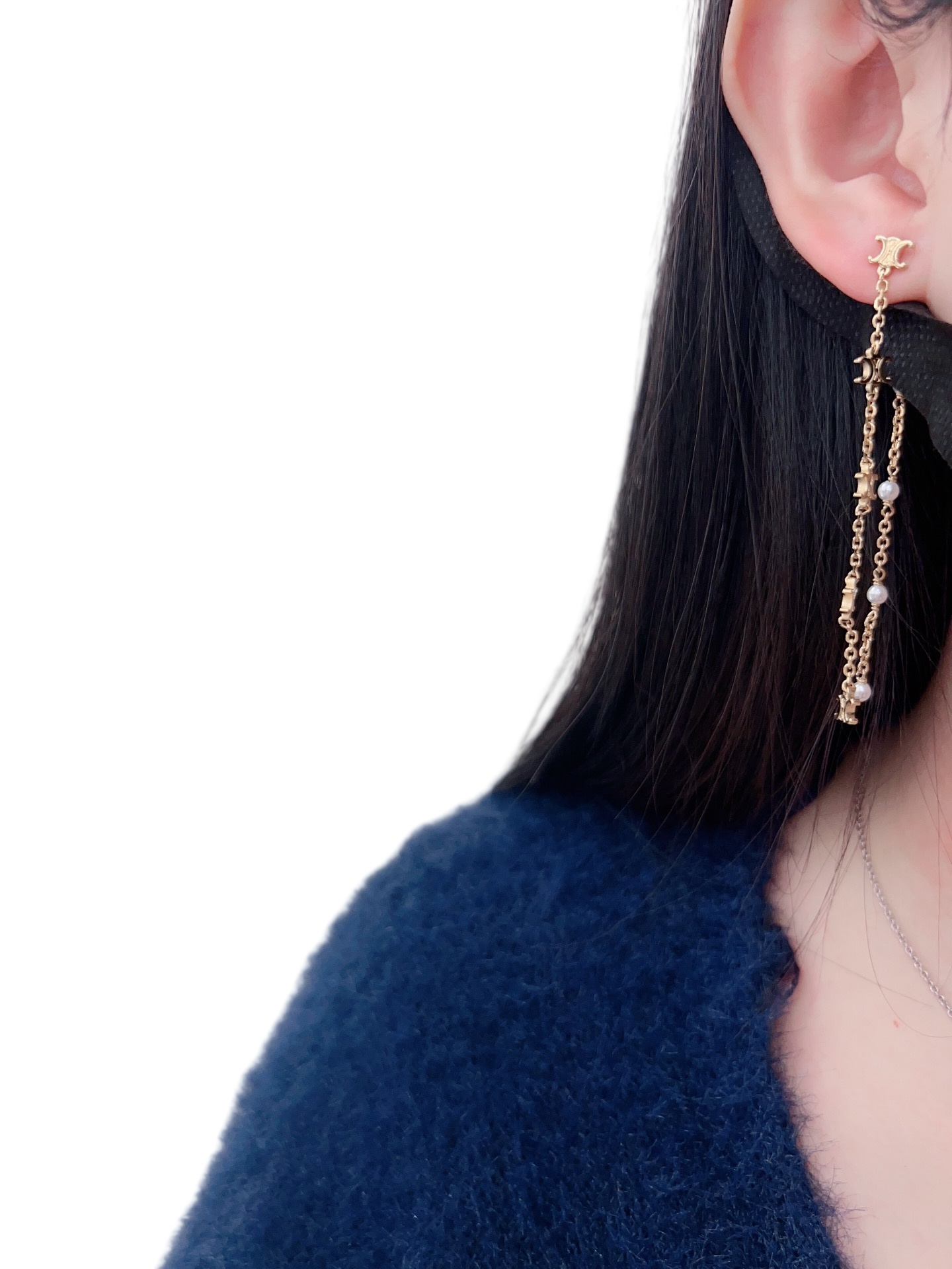 CLE007  Triomphe long pearl drop earrings in metal and pearl - ccjewelryacc