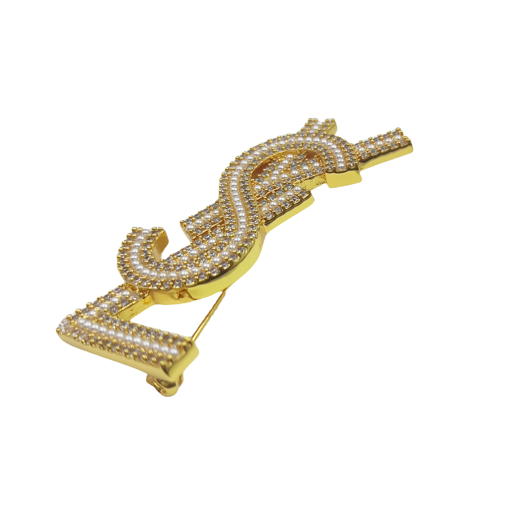 BYB042 YVES LSY Logo brooch pin in metal pearl crystal - ccjewelryacc
