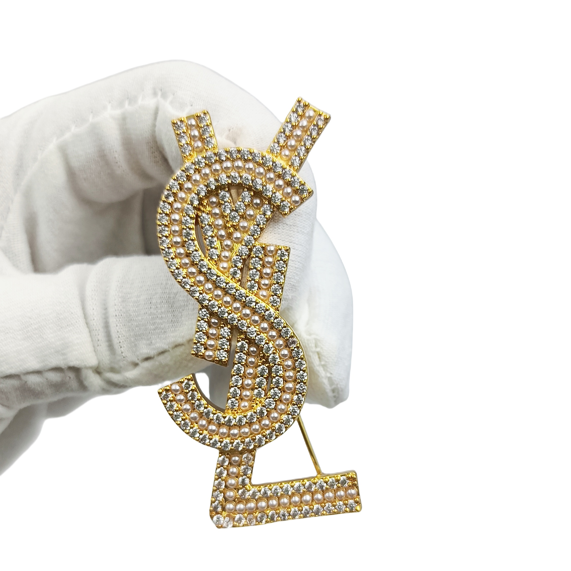 BYB042 YVES LSY Logo brooch pin in metal pearl crystal - ccjewelryacc