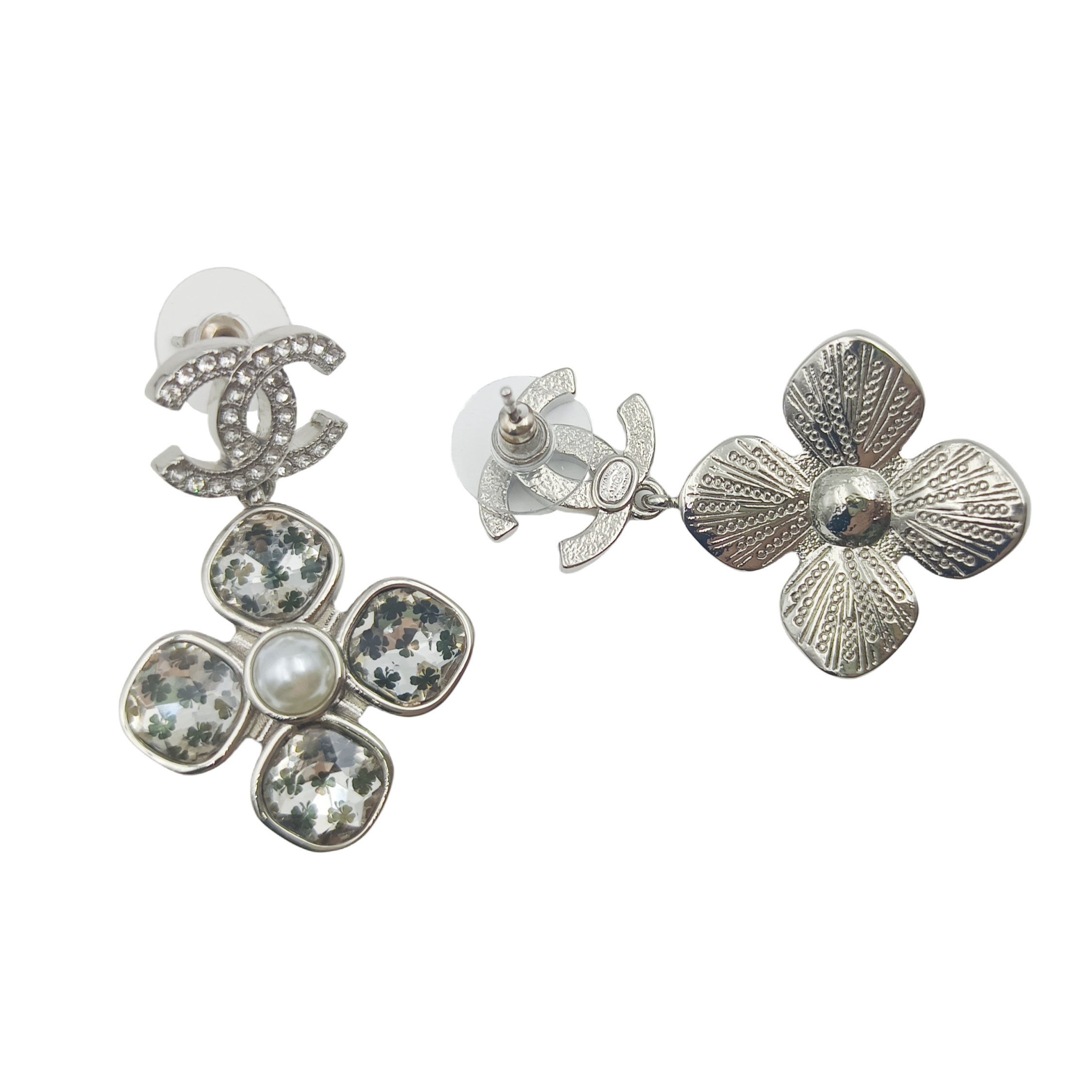 CCE638 Acrylic four leaf clover with crystal cc logo drop earring - ccjewelryacc