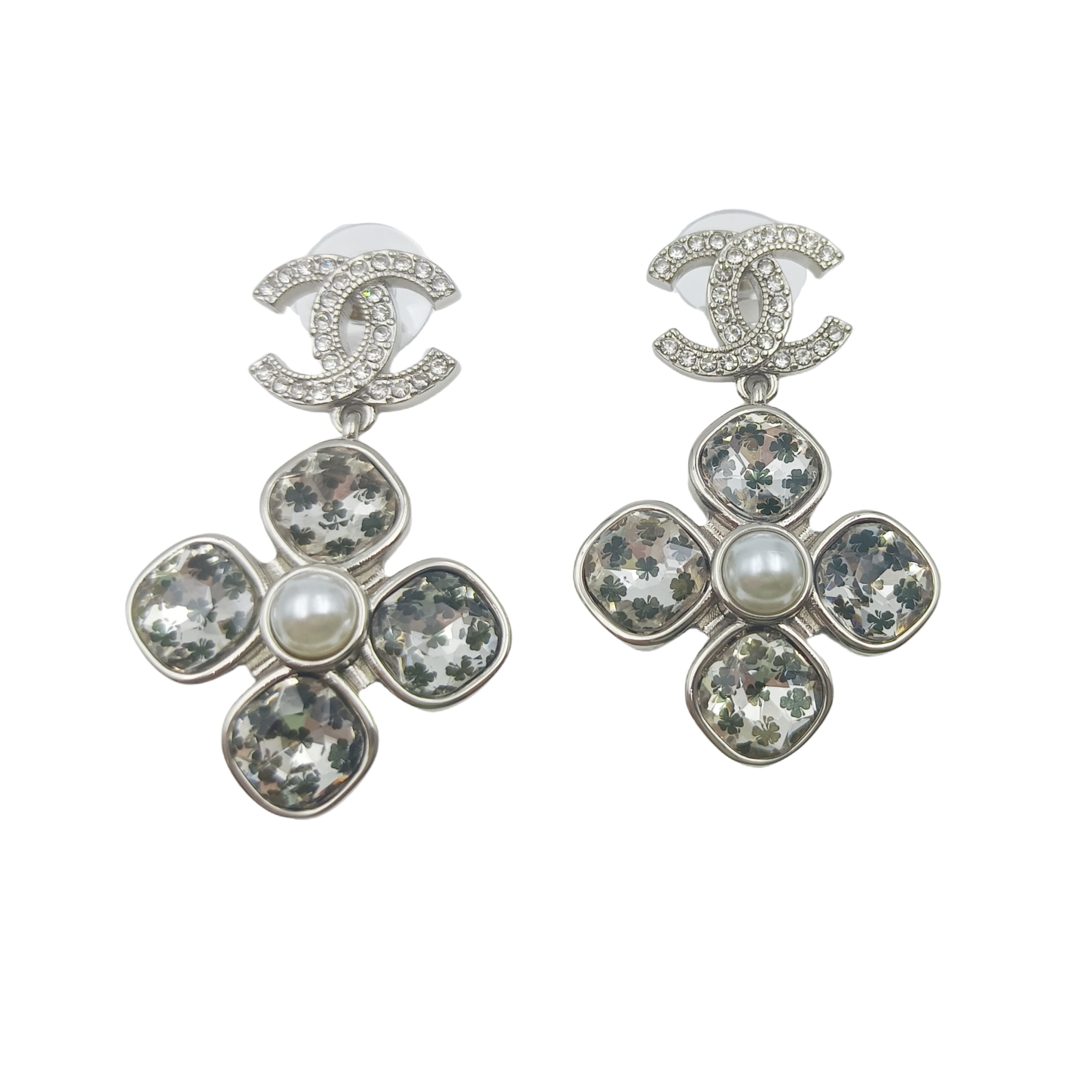 CCE638 Acrylic four leaf clover with crystal cc logo drop earring - ccfashionjewelry