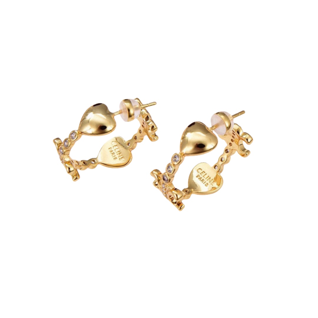 CLE034 Triomphe heart hook earring in metal and crystal and gold finish - ccjewelryacc
