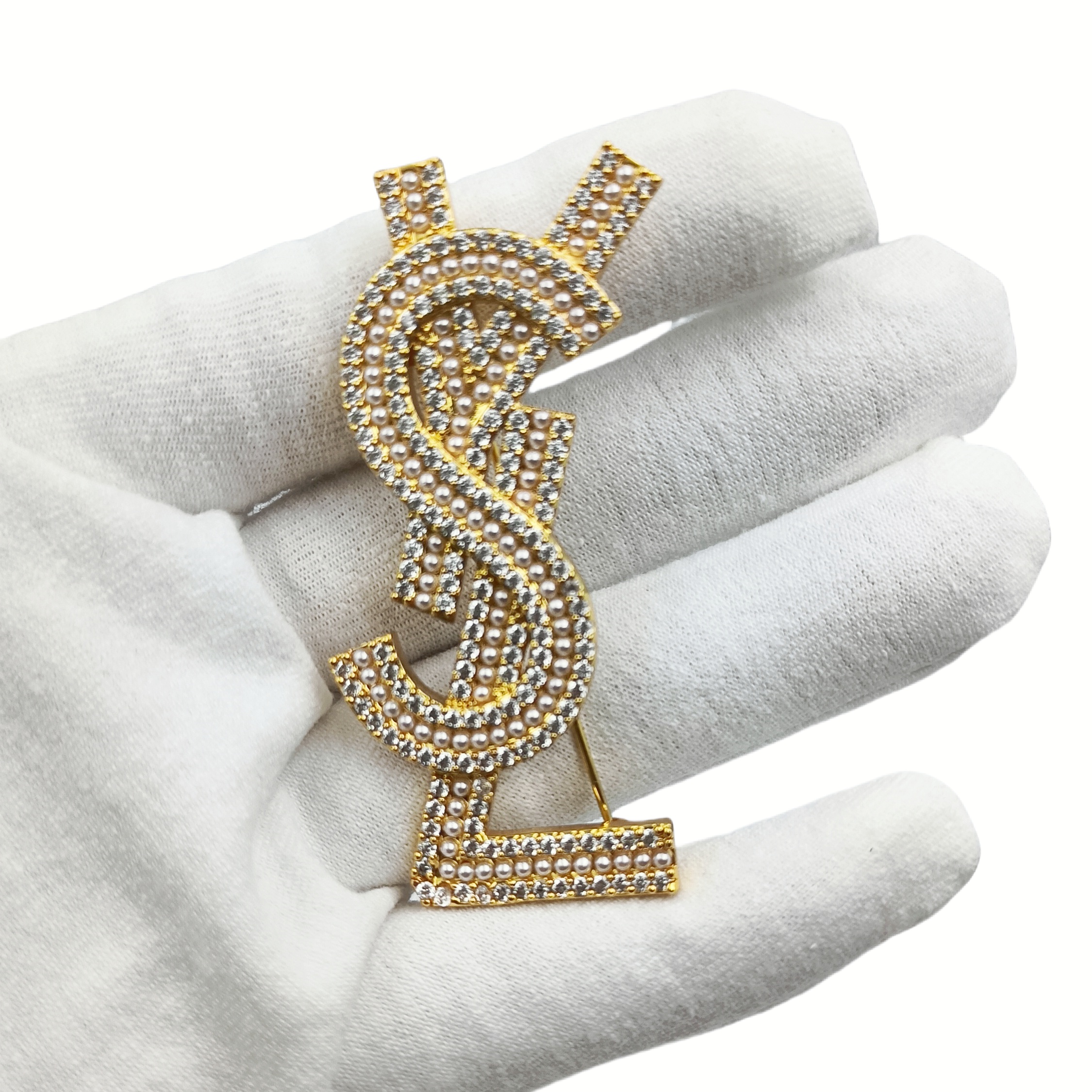 BYB042 YVES LSY Logo brooch pin in metal pearl crystal - ccjewelryacc