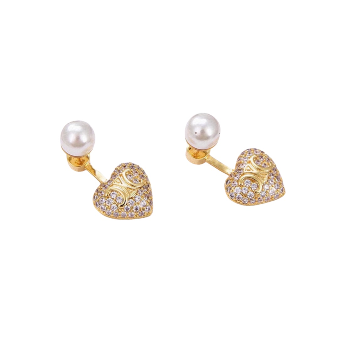 CLE010  Triomphe full crystal heart and pearl stud earring - ccjewelryacc
