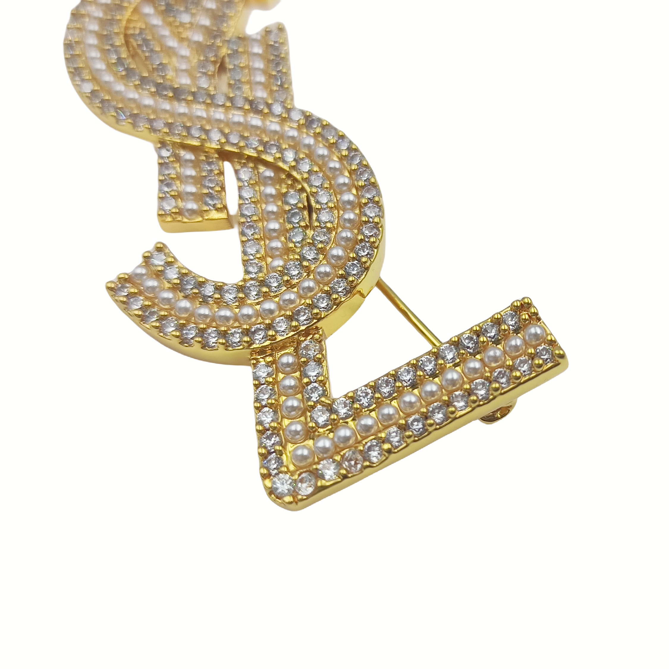 BYB042 YVES LSY Logo brooch pin in metal pearl crystal - ccjewelryacc