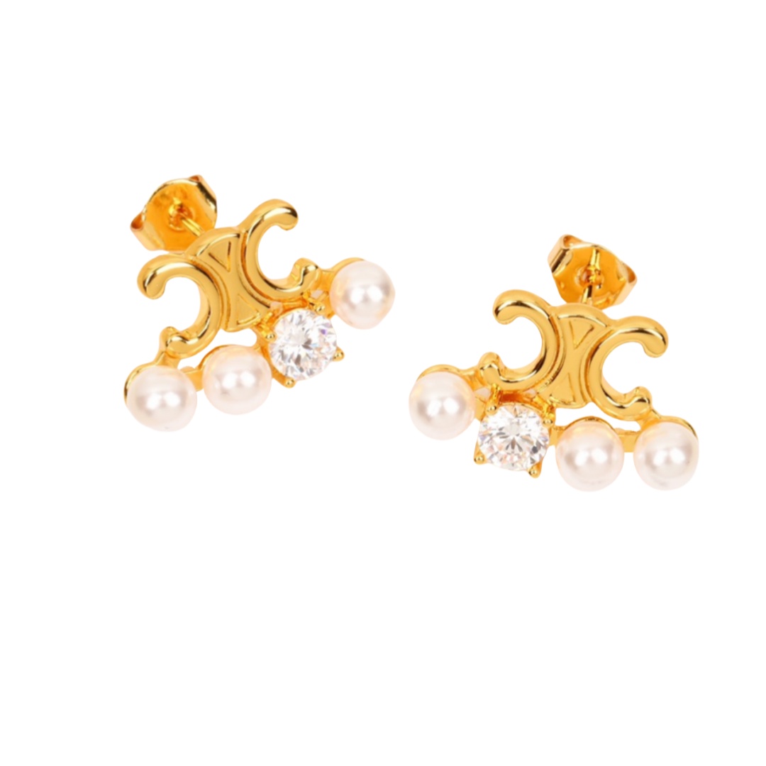 CLE018 Triomphe stud earring in metal crystal pearl - ccjewelryacc