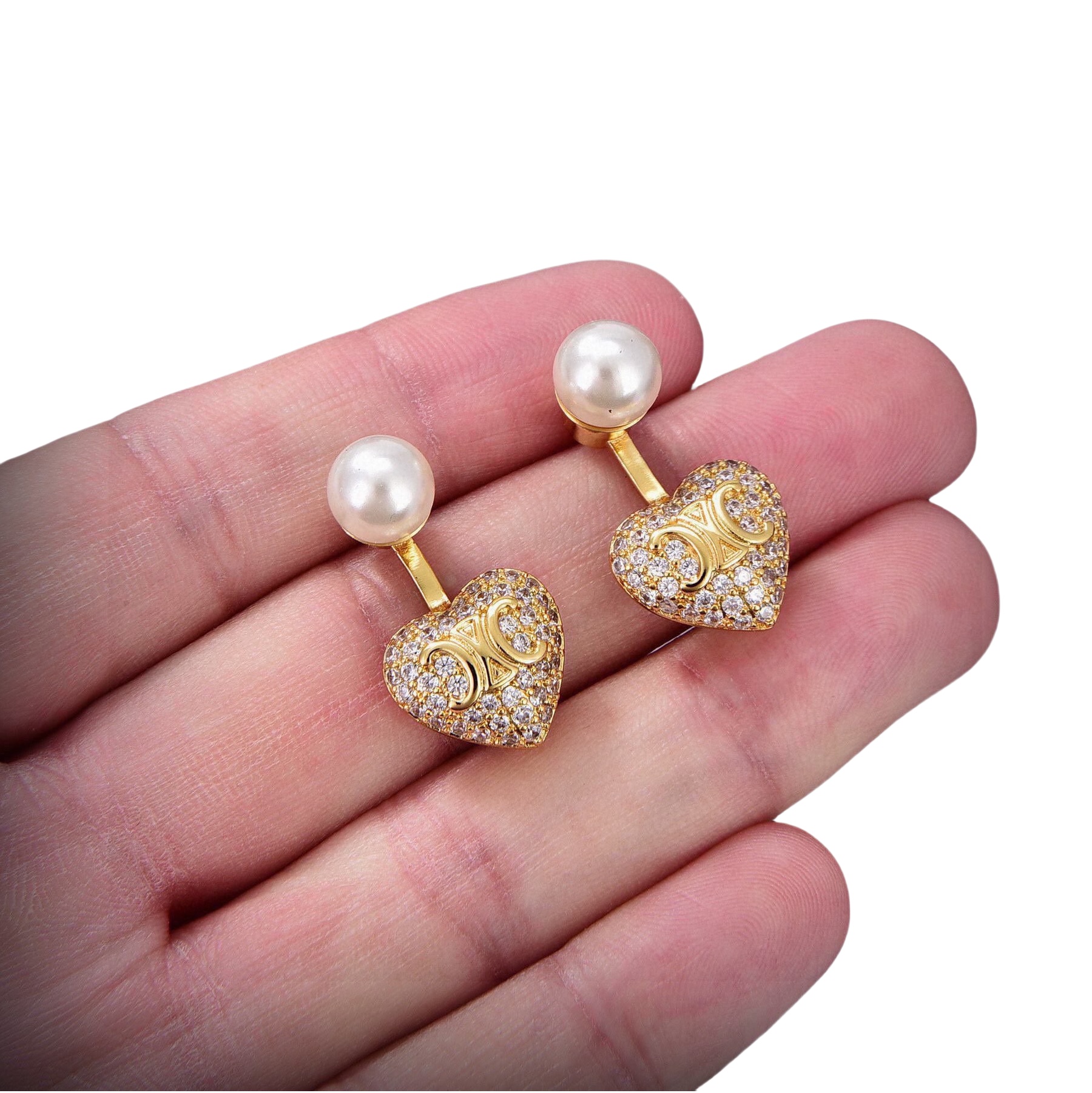 CLE010 Triomphe full crystal heart and pearl stud earring - ccfashionjewelry