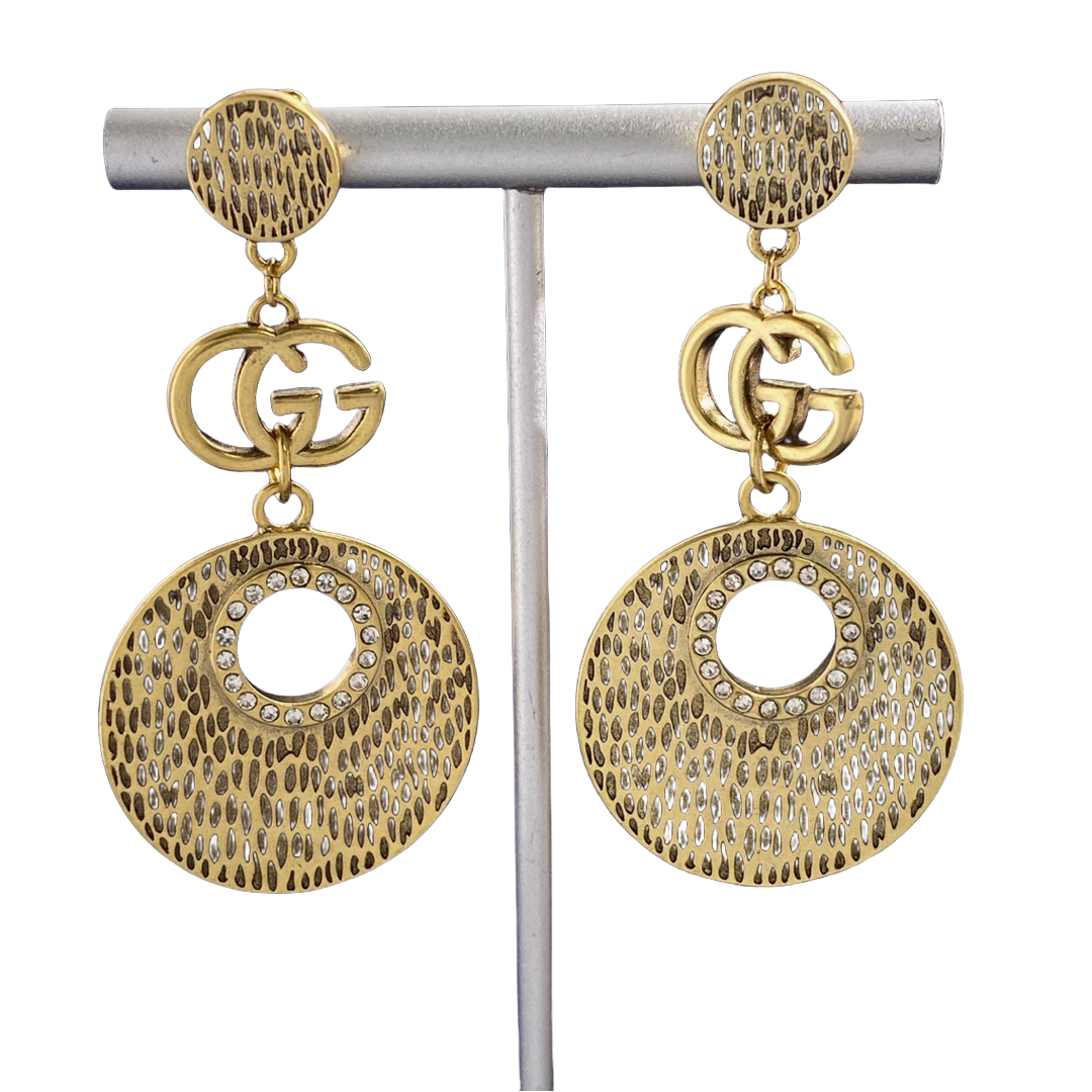 GGE039 Exaggerated luxury diamond round double G letter long pendant earrings - ccjewelryacc