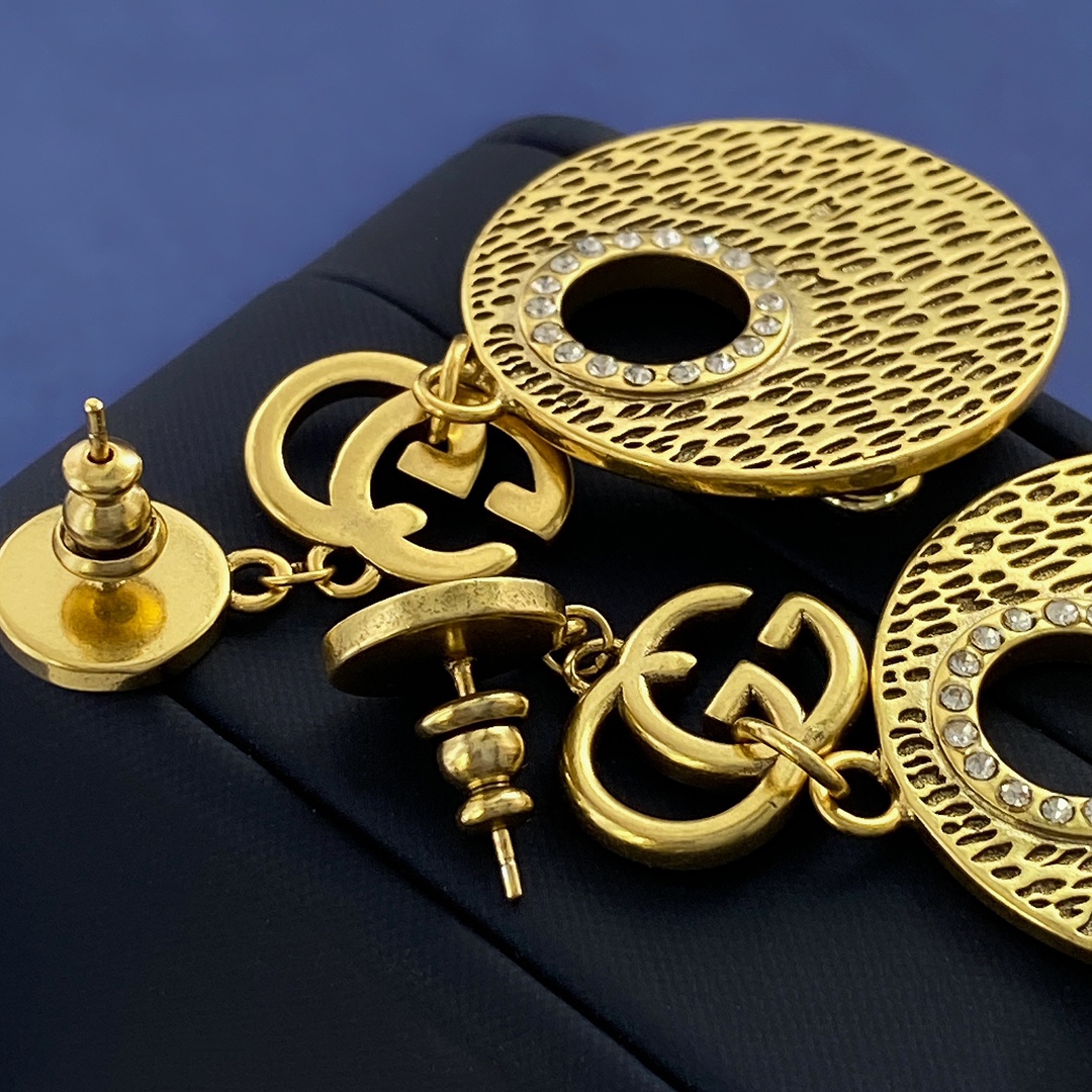 GGE039 Exaggerated luxury diamond round double G letter long pendant earrings - ccjewelryacc