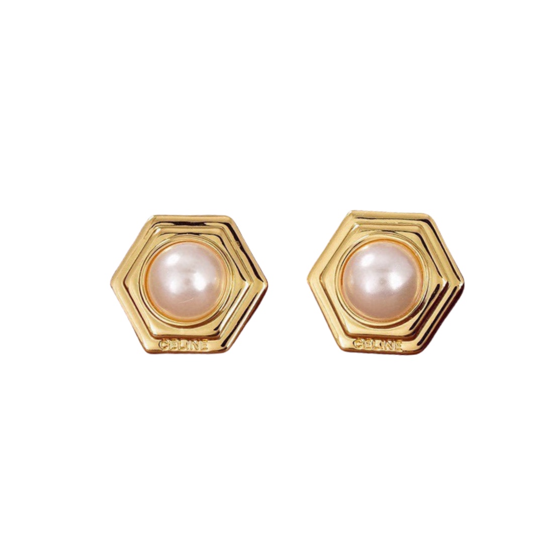 CLE068 Act de Triomphe hexagon stud earring in metal and pearl - ccfashionjewelry