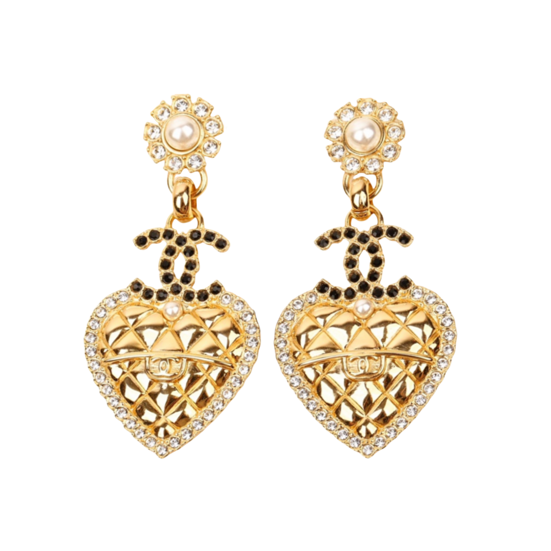 CCE749 Vintage gold 24A diamond pattern CC heart earrings - ccfashionjewelry