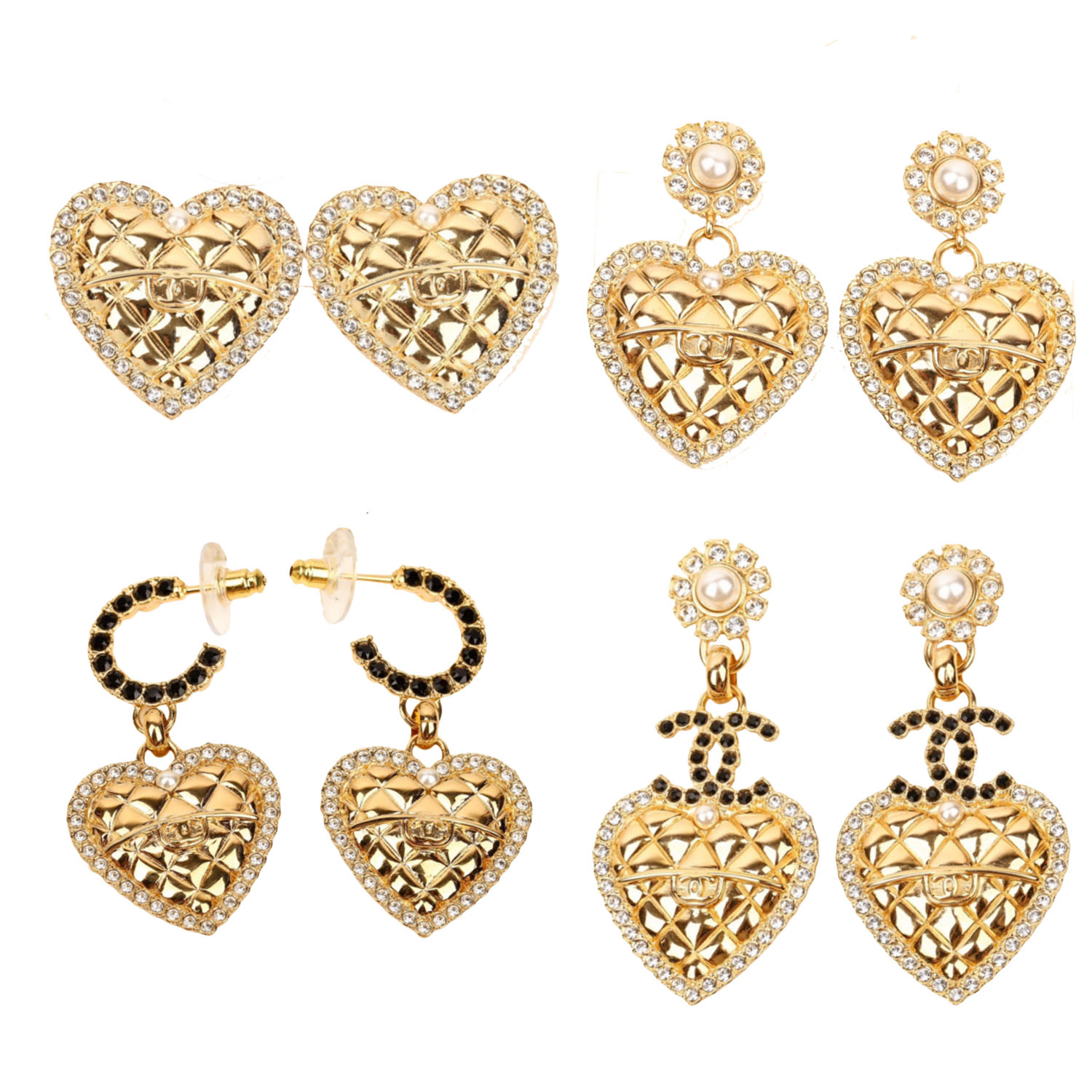 CCE749 Vintage gold 24A diamond pattern CC heart earrings - ccfashionjewelry