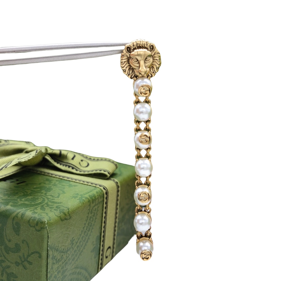 GGE049 GG lion head and pearl drop earrings - ccjewelryacc