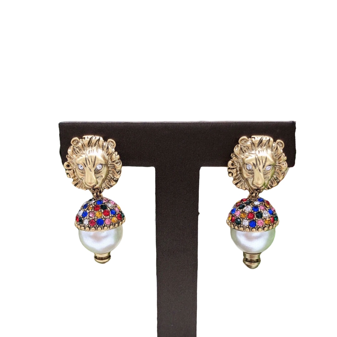 GGE048 GG lion head pearl drop earrings with crystals and pearl - ccjewelryacc
