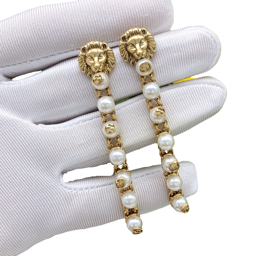 GGE049 GG lion head and pearl drop earrings - ccjewelryacc