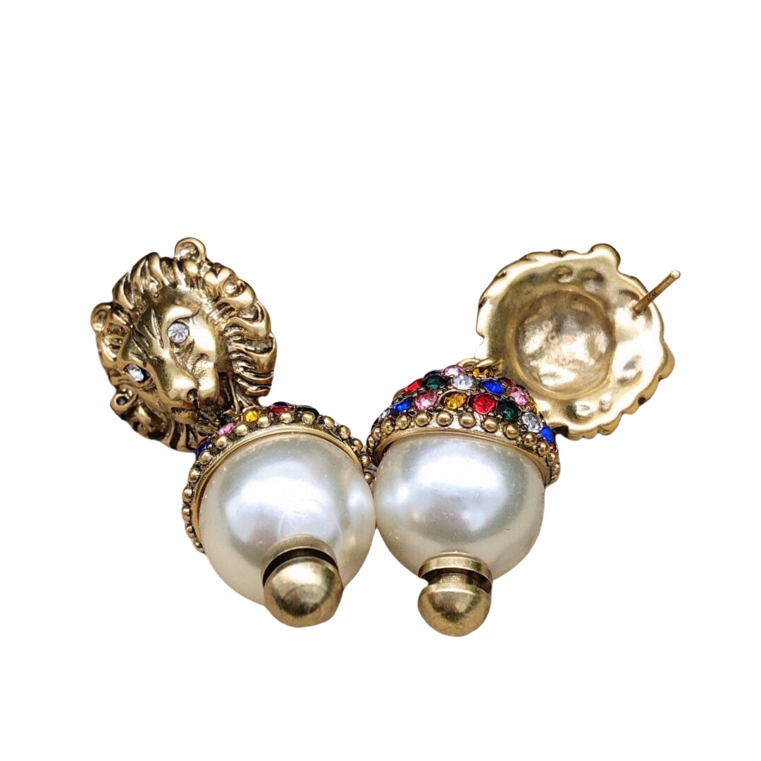 GGE048 GG lion head pearl drop earrings with crystals and pearl - ccjewelryacc