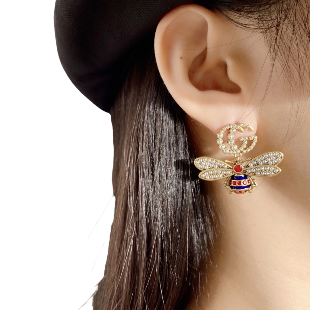GGE043 GG bee drop earrings with pearl - ccjewelryacc