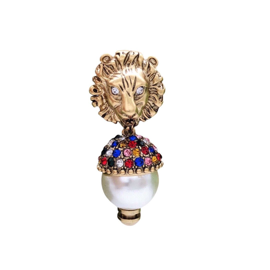 GGE048 GG lion head pearl drop earrings with crystals and pearl - ccjewelryacc