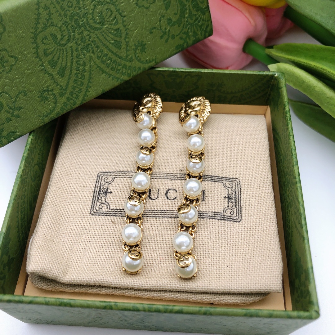 GGE049 GG lion head and pearl drop earrings - ccjewelryacc