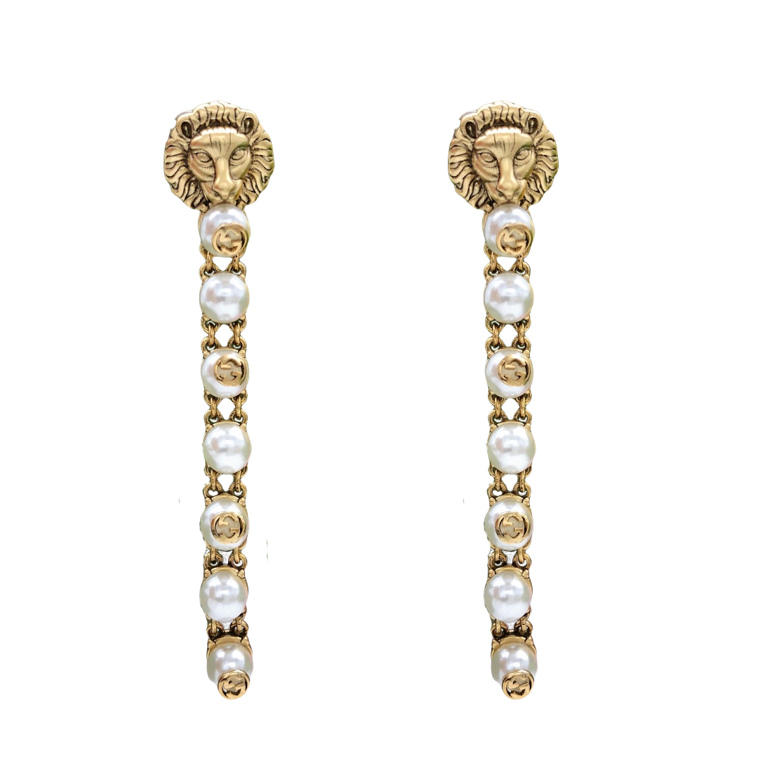 GGE049 GG lion head and pearl drop earrings - ccjewelryacc