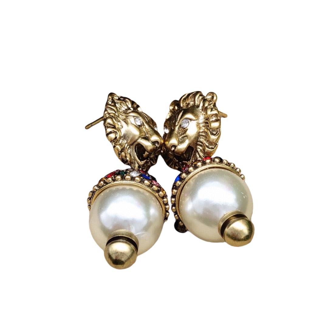 GGE048 GG lion head pearl drop earrings with crystals and pearl - ccjewelryacc
