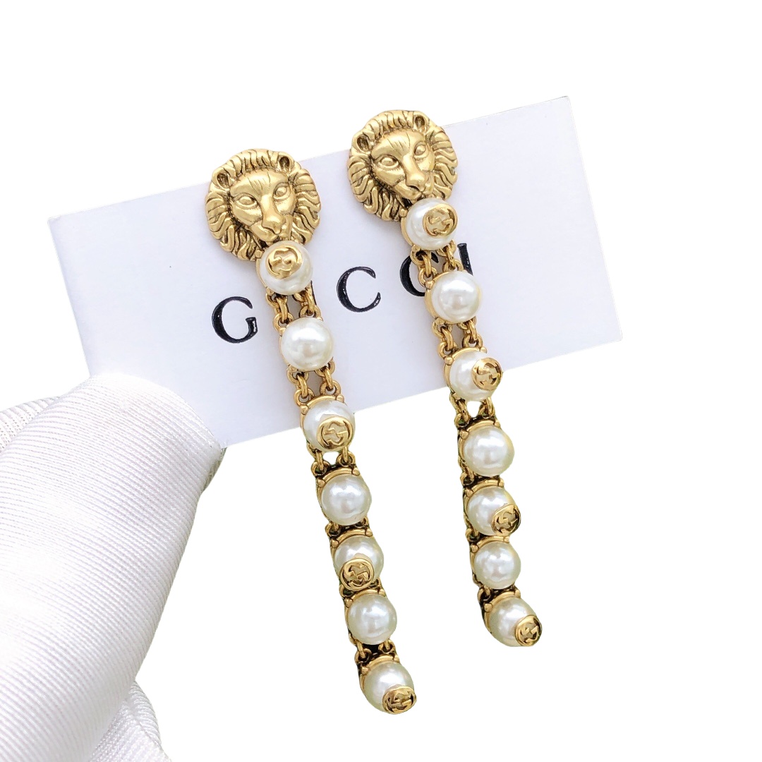 GGE049 GG lion head and pearl drop earrings - ccjewelryacc