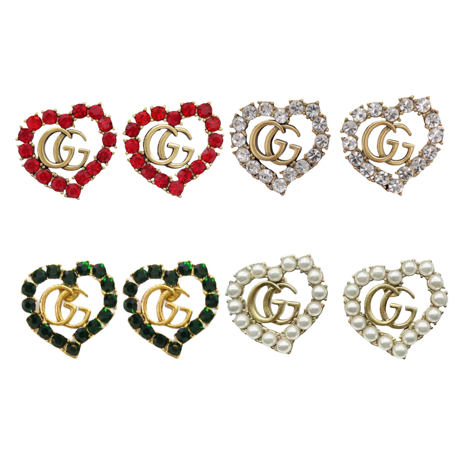 GGE007 GG Heart stud earring in metal and pearl crystal - ccfashionjewelry