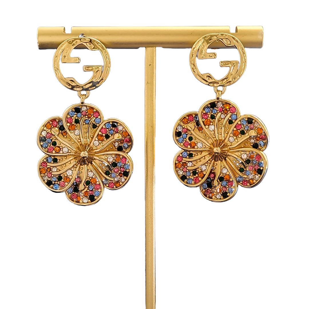 GGE066 GG Interlocking g flower drop earrings in metal and colorful crystal - ccjewelryacc