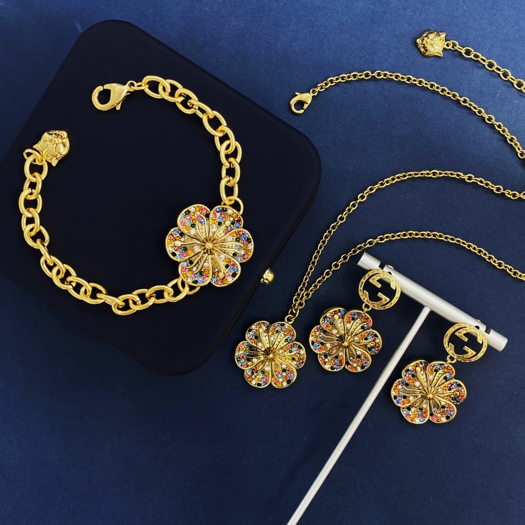 GGE066 GG Interlocking g flower drop earrings in metal and colorful crystal - ccjewelryacc