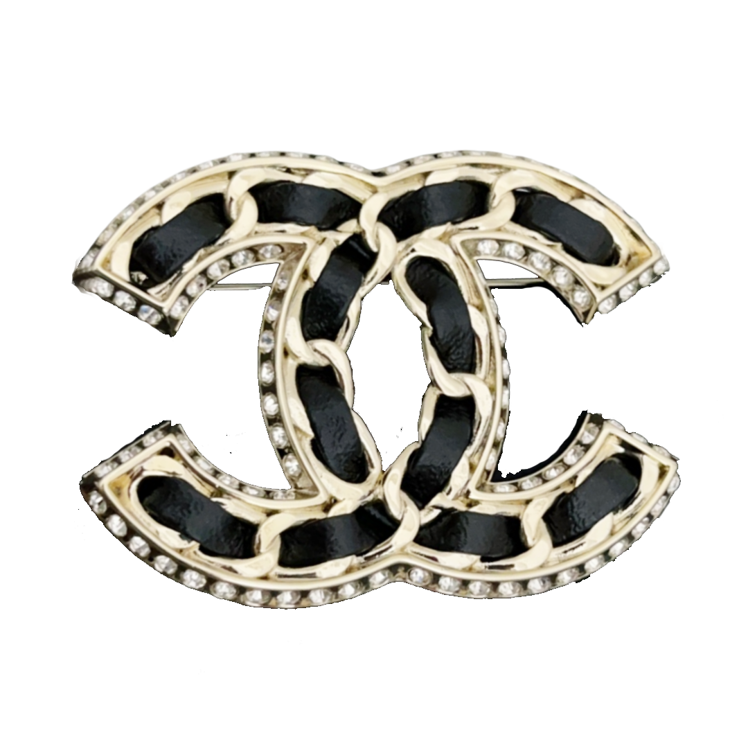 BCB077 Metal and leather cc logo brooch pin with crystal - ccfashionjewelry