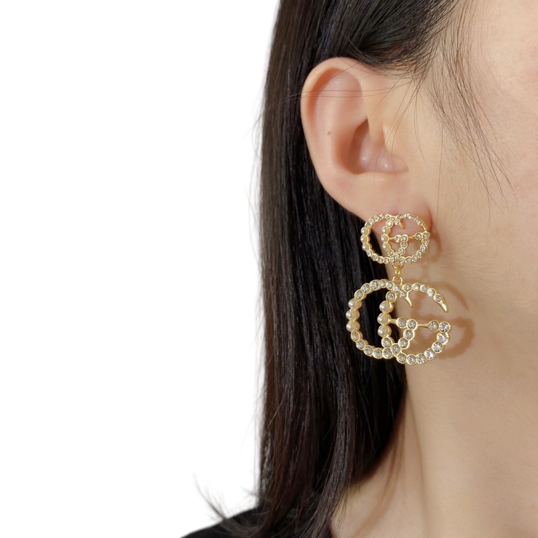GGE115 Large Crystal and pearl Double GG logo drop earring - ccjewelryacc